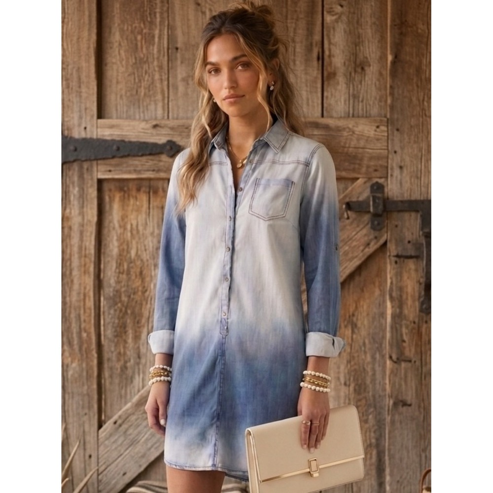 Chocolate Western Chambray Dip Dye Ombre Shirt Dress - Excellent Condition Sz S